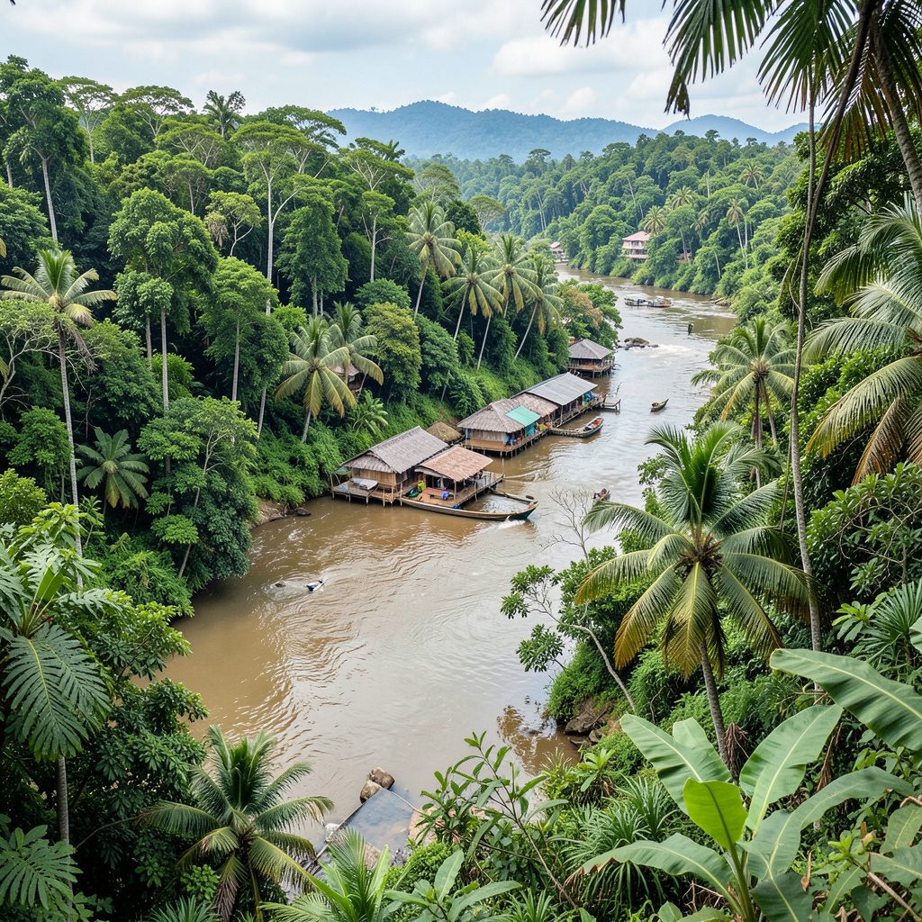 Une vue panoramique d'une ville au bord d'un fleuve entourée de jungle dense, tons verts profonds et eau miroitante